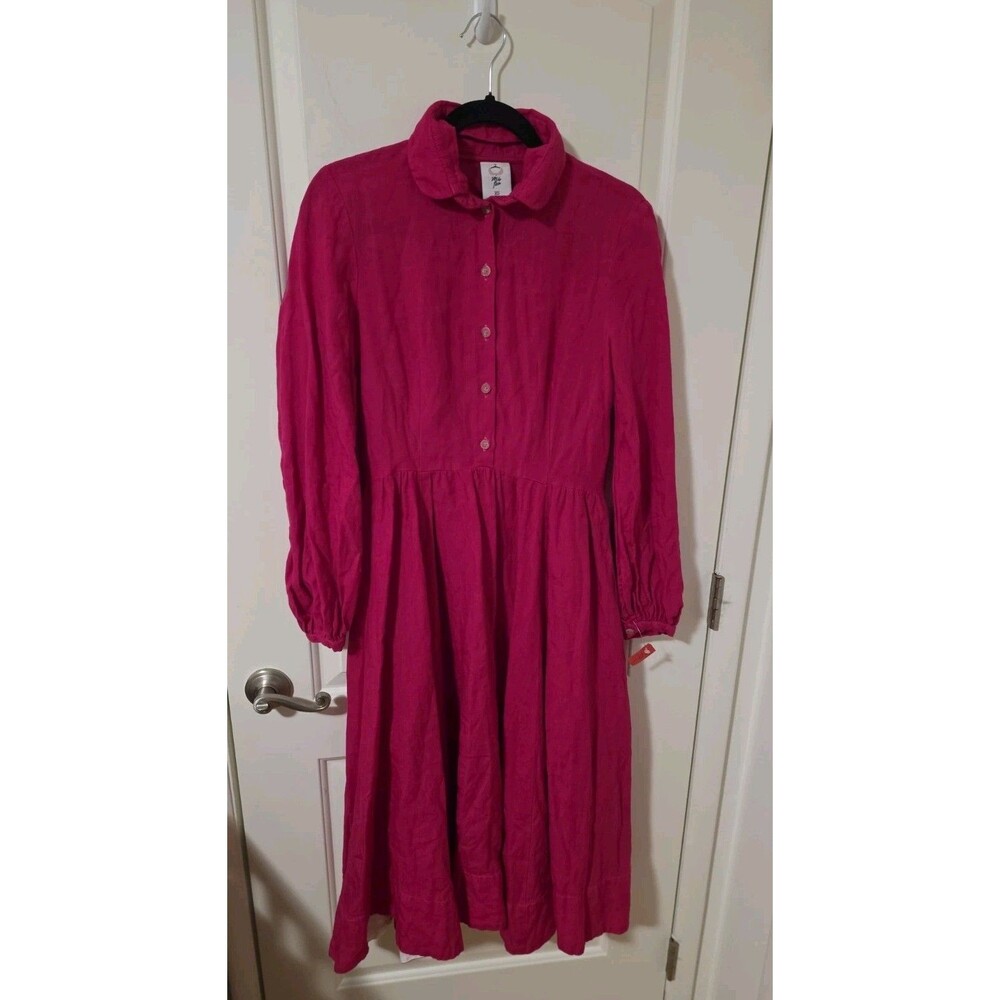 Son de Flor Pink Linen long sleeve dress with peter pan collar Xs Heavy Classic